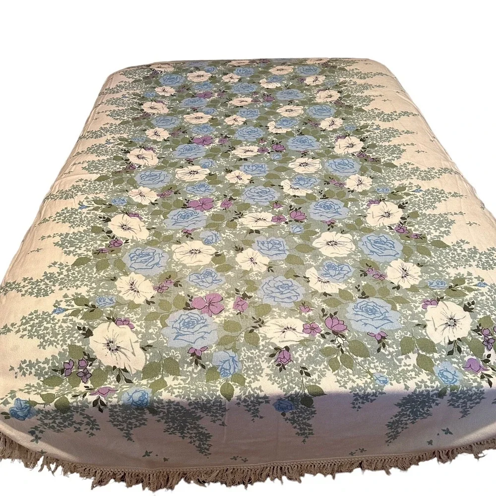 Vintage Blue Purple Floral Cottage Fringe Woven Bedspread 92